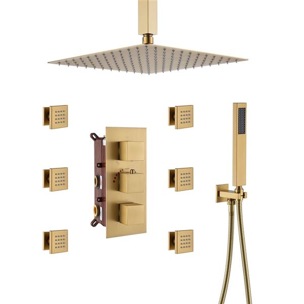 Mondawe 12-in Thermostatic 3-Function Brushed Gold Built-In Shower Faucet System with 6 Body Sprays