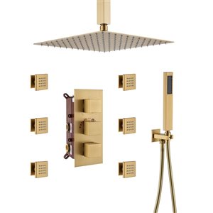 Mondawe 12-in Thermostatic 3-Function Brushed Gold Built-In Shower Faucet System with 6 Body Sprays