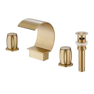 Mondawe Brushed Gold 2-Handle Deck-Mount Arc Waterfall Spout Bathroom Sink Faucet w/ Drain Included