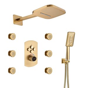 Mondawe 4-Function Brushed Gold Built-In Waterfall Shower Faucet System with 6 Body Sprays