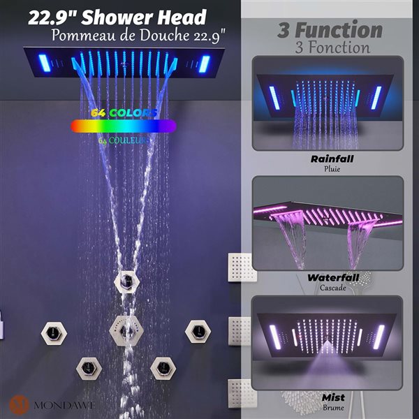 Système douche thermostatique de luxe à DEL Mondawe 23 x 15 po 4 fonctions nickel brossé avec musique et jets de corps