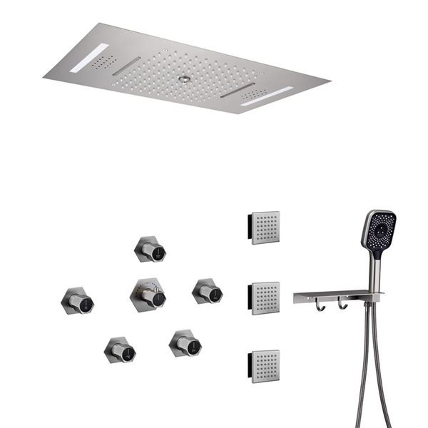 Mondawe 23 x 15-in Luxury Thermostatic 4-Function Brushed Nickel LED Waterfall Shower System w/ Music Player/Body Sprays