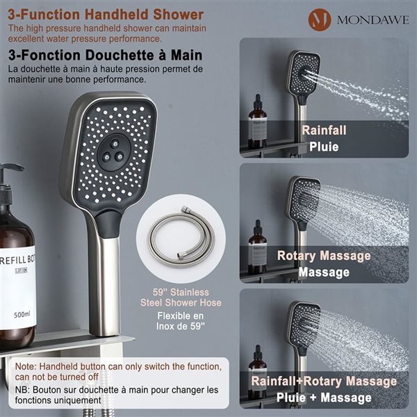 Mondawe 12-in Thermostatic 3-Function Brushed Nickel Built-In Shower Faucet System with Body Sprays