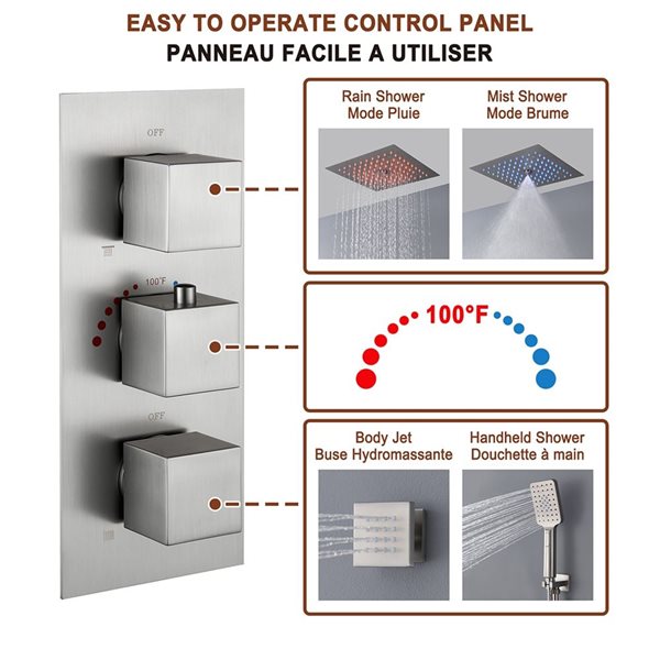 Ensemble robinets de douche thermostatiques à encastrer Mondawe à 4 fonctions 6 jets de corps et DEL nickel brossé