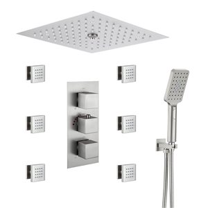 Mondawe 4-Function Thermostatic LED Brushed Nickel Built-In Shower Faucet System with 6 Body Sprays