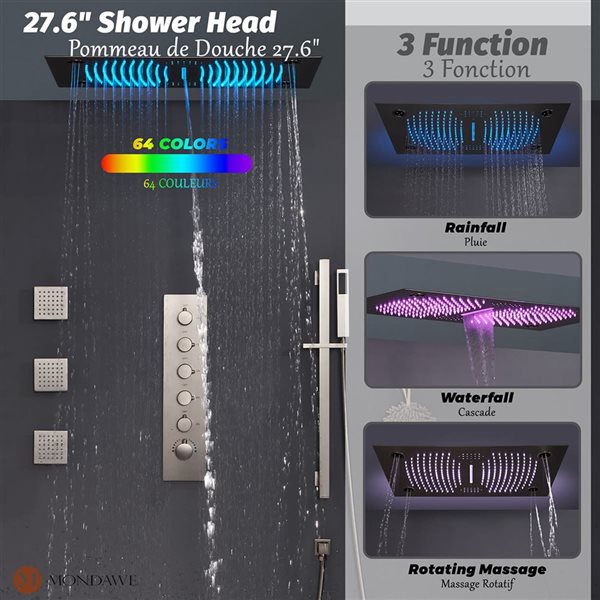 Système de douche thermostatique de luxe à DEL Mondawe nickel brossé avec lecteur de musique et jets de corps