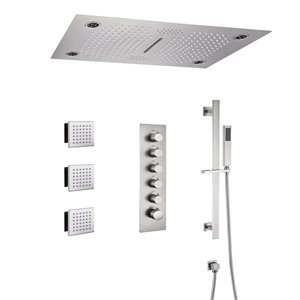 Mondawe Luxury Thermostatic Brushed Nickel LED Waterfall Shower System with Music Player and Body Sprays