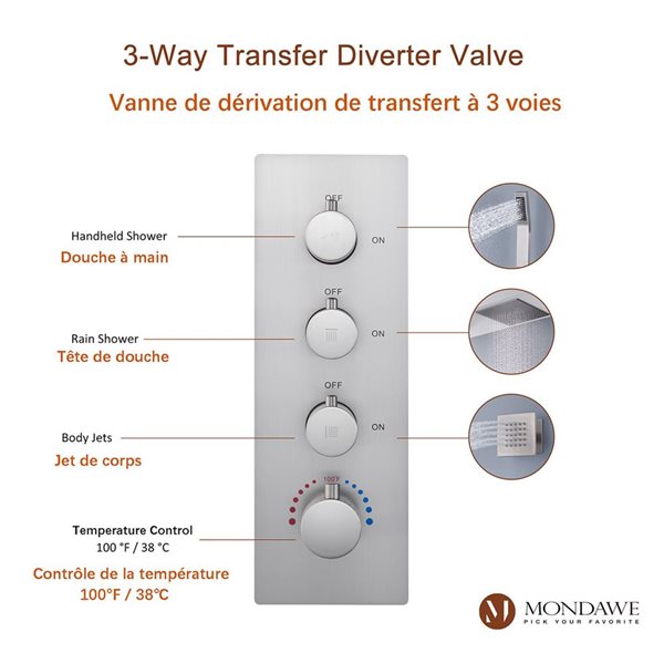 Système de douche thermostatique à deux pommeaux Mondawe 20 po nickel brossé avec jets de corps