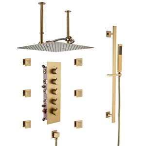 Mondawe 16-in Thermostatic 4-Function Brushed Gold Built-In Shower Faucet System with 6 Body Sprays