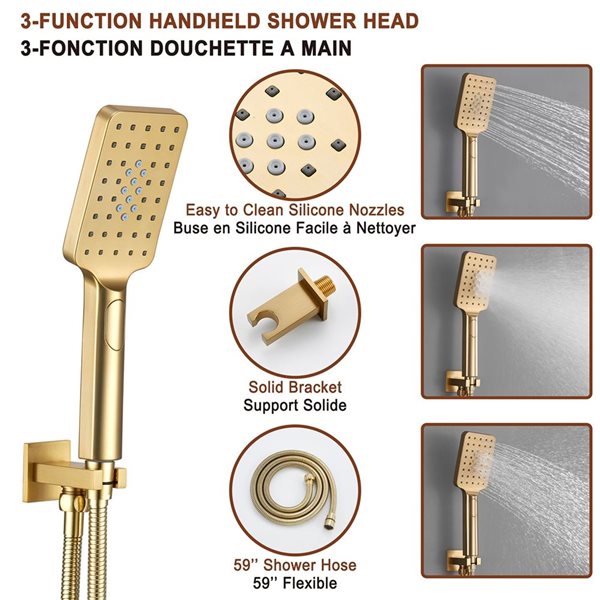 Ensemble robinets de douche thermostatiques à encastrer Mondawe à 4 fonctions 6 jets de corps et DEL or brossé