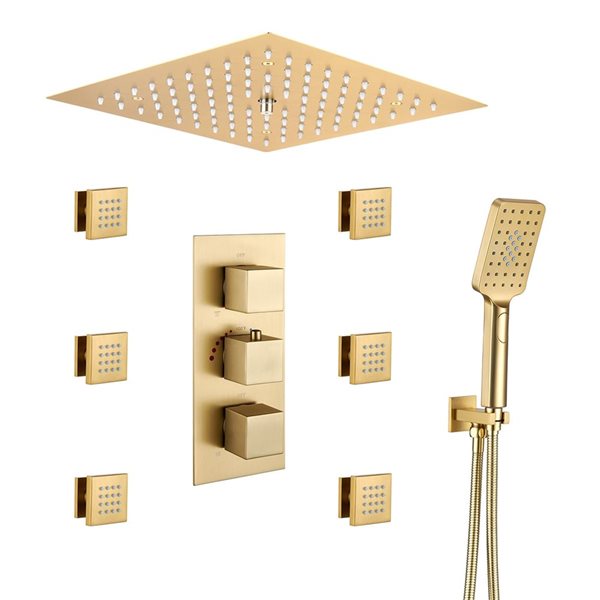 Mondawe 4-Function Thermostatic LED Brushed Gold Built-In Shower Faucet System with 6 Body Sprays