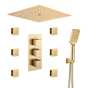 Mondawe 4-Function Thermostatic LED Brushed Gold Built-In Shower Faucet System with 6 Body Sprays