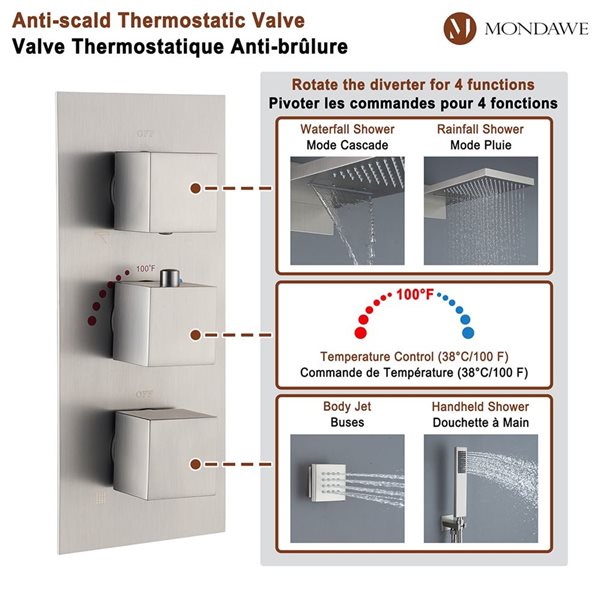 Système encastré robinetterie de douche thermostatique Mondawe 22 po à 4 fonctions nickel brossé avec 6 jets de corps