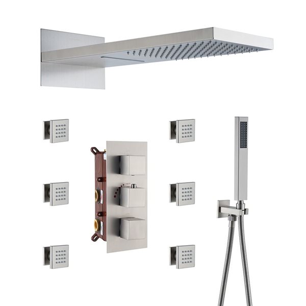 Système encastré robinetterie de douche thermostatique Mondawe 22 po à 4 fonctions nickel brossé avec 6 jets de corps