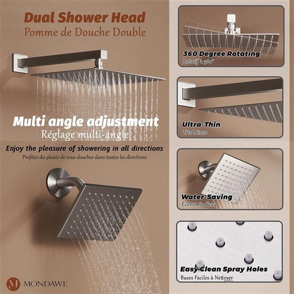 Mondawe Thermostatic Brushed Nickel Dual Shower Head Built-In Shower Faucet System with Body Sprays