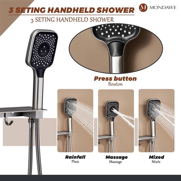 Mondawe Thermostatic Brushed Nickel Dual Shower Head Built-In Shower Faucet System with Body Sprays