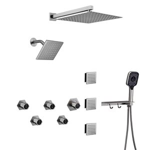 Mondawe Thermostatic Brushed Nickel Dual Shower Head Built-In Shower Faucet System with Body Sprays