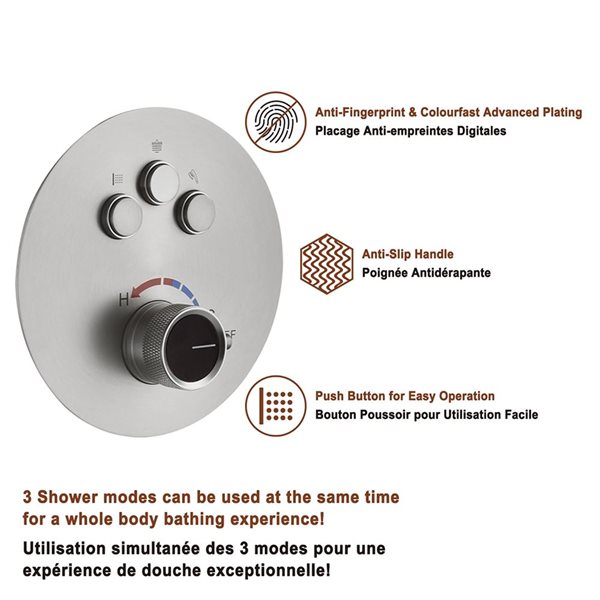 Système encastré robinetterie de douche Mondawe avec 6 jets de corps, nickel brossé