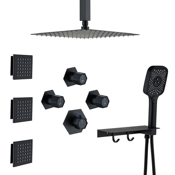 Mondawe 12-in Thermostatic 3-Function Matte Black Built-In Shower Faucet System with Body Sprays