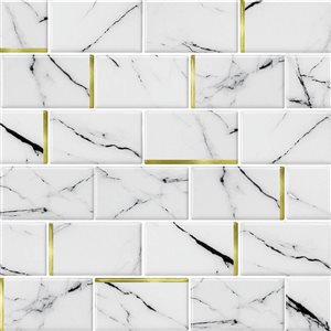 Décor WOW 12-in x 12-in x 2.5-mm White Marble Subway w/ Gold Accent Self-Adhesive Vinyl Backsplash 3D Tiles - 8/Pk