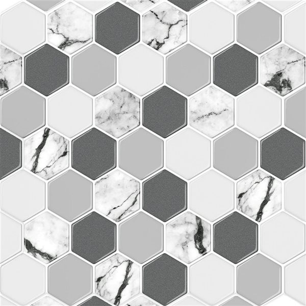 Décor WOW 12-in x 12-in x 2.5-mm White Grey Marble Hex/White Grout Self-Adhesive Vinyl Backsplash 3D Tiles - 8/Pk