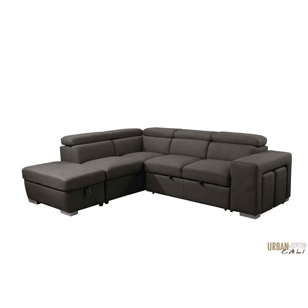 Urban Cali Pasadena Large Noble Cement Sleeper Sectional Sofa Bed w/ Storage Ottoman and 2 Stools