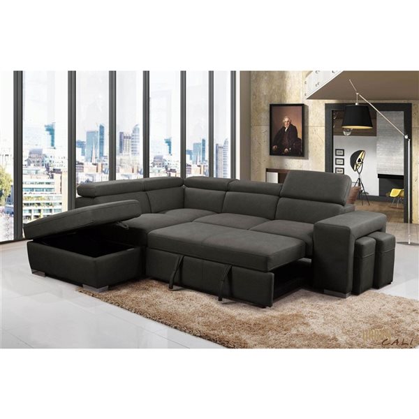 Urban Cali Pasadena Large Noble Cement Sleeper Sectional Sofa Bed w/ Storage Ottoman and 2 Stools