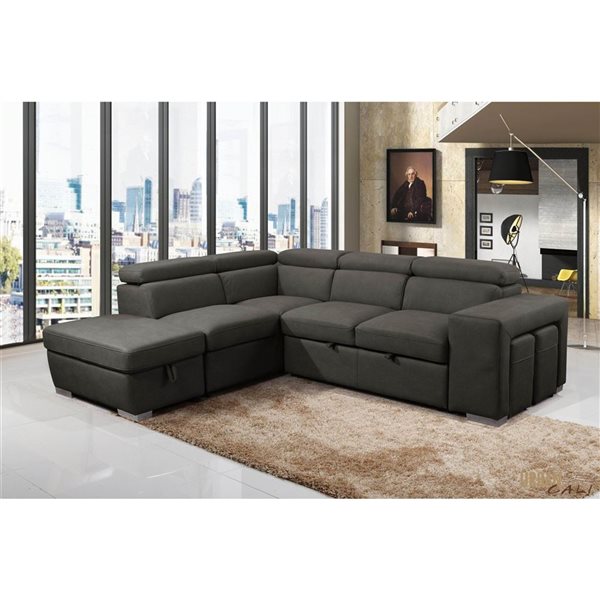 Urban Cali Pasadena Large Noble Cement Sleeper Sectional Sofa Bed w/ Storage Ottoman and 2 Stools