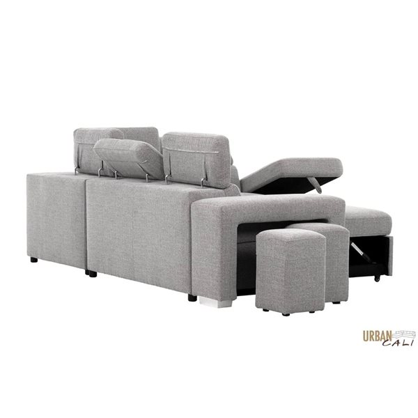 Urban Cali Pasadena Large Thora Stone Sleeper Sectional Sofa Bed w/ Storage Ottoman and 2 Stools