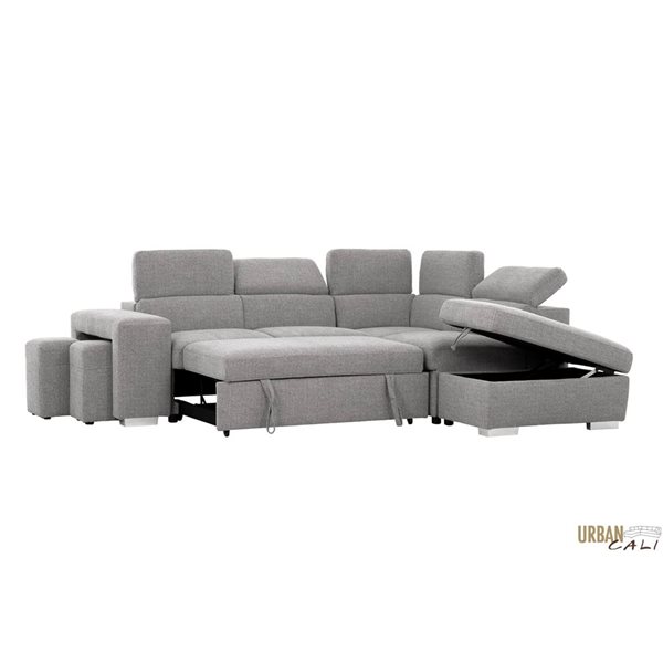 Urban Cali Pasadena Large Thora Stone Sleeper Sectional Sofa Bed w/ Storage Ottoman and 2 Stools