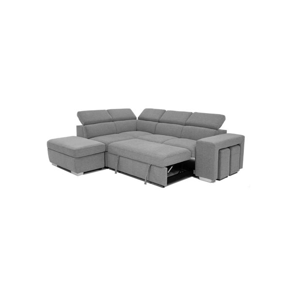 Urban Cali Pasadena Large Thora Stone Sleeper Sectional Sofa Bed w/ Storage Ottoman and 2 Stools