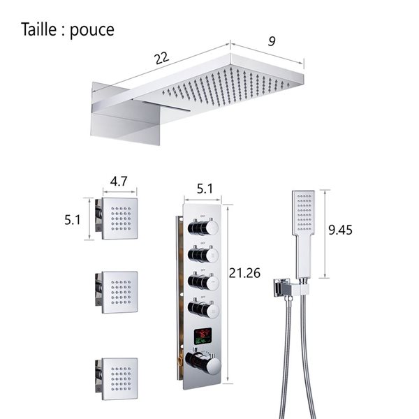 Mondawe Thermostatic Chrome Waterfall Built-In Shower Faucet System with LED Lights and Body Sprays