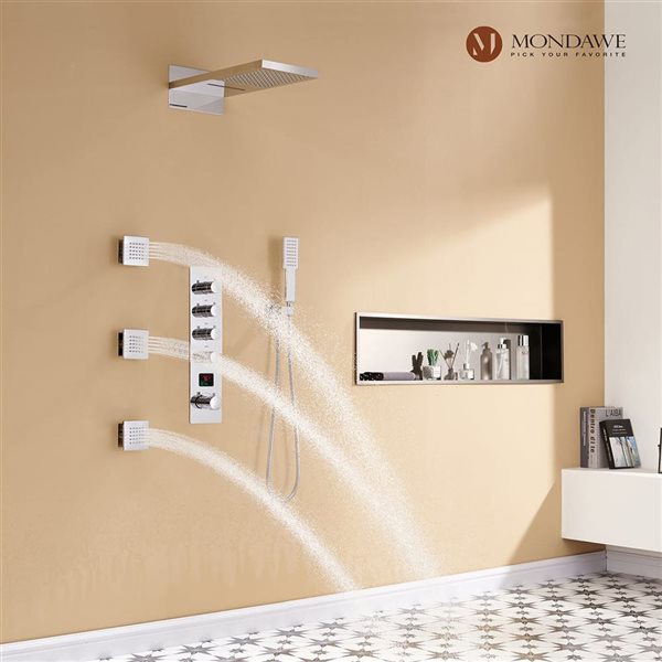 Mondawe Thermostatic Chrome Waterfall Built-In Shower Faucet System with LED Lights and Body Sprays