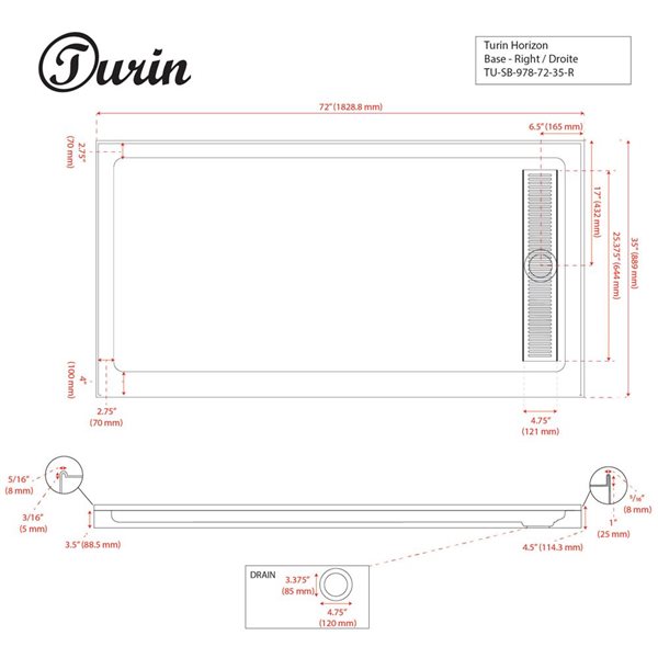 Turin Horizon Standard Fit Rectangular 72 x 35 x 3.5 -in White Acrylic Shower Base with Right Drain in White