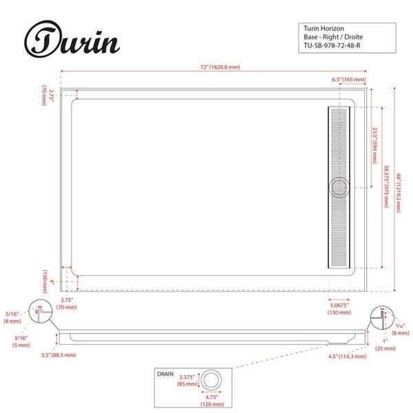 Turin Horizon Standard Fit Rectangular 72 x 48 x 3.5 -in White Acrylic Shower Base with Right Drain in Brass