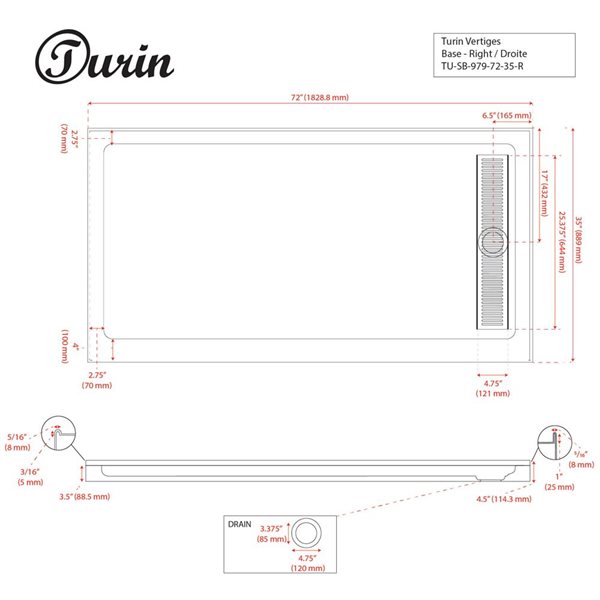 Turin Vertiges Corner Fit Rectangular 72 x 35 x 3.5 -in White Acrylic Shower Base with Right Drain in White