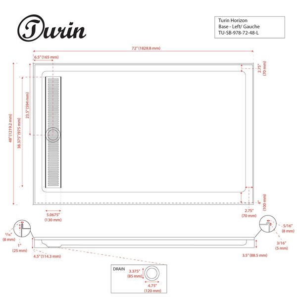 Turin Horizon Standard Fit Rectangular 72 x 48 x 3.5 -in White Acrylic Shower Base with Left Drain in Bronze