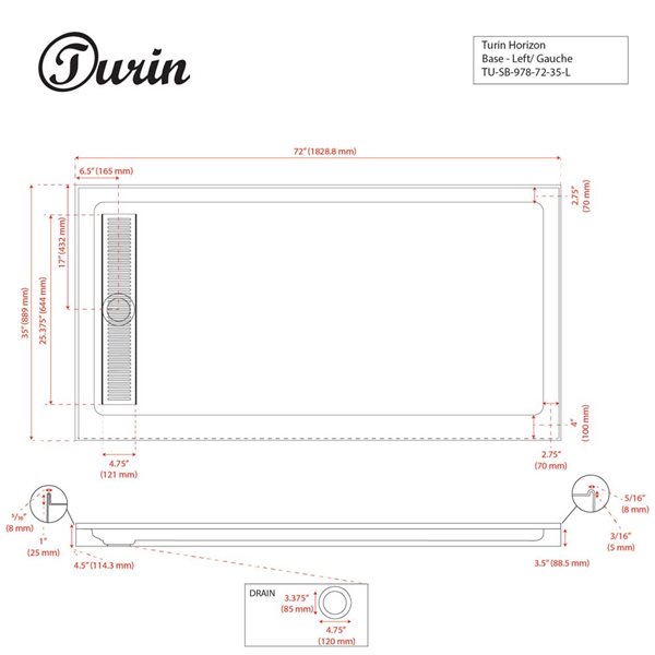 Turin Horizon Standard Fit Rectangular 72 x 35 x 3.5 -in White Acrylic Shower Base with Left Drain in White