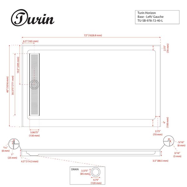 Turin Horizon Standard Fit Rectangular 72 x 40 x 3.5 -in White Acrylic Shower Base with Left Drain in Oil Rubbed Bronze