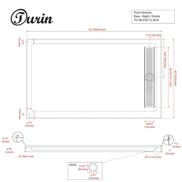 Turin Horizon Standard Fit Rectangular 72 x 40 x 3.5 -in White Acrylic Shower Base with Right Drain in Bronze