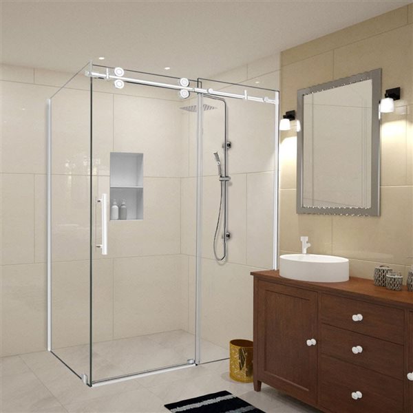 Porte de douche coulissante rectangle sans cadre Vertiges de Turin 48 x 36 x 75 po en verre clair et blanc