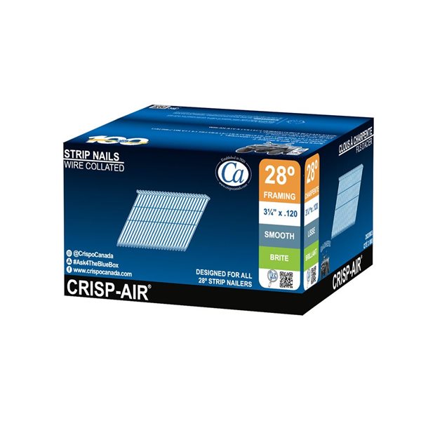 Clous à charpente en bande papier Crisp-Air 28 ° avec fil métallique tige lisse tête ronde 3 1/4 po x 0,120, 2000/bte