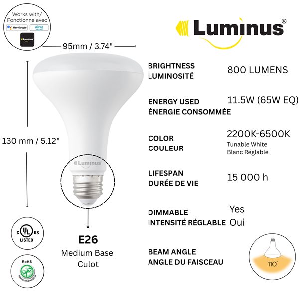 Luminus 65W Equivalent White 2200K to 6500K E26 BR30 Smart Wifi, Dimmable and Tunable LED Bulb - 4 /Pack