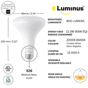 Luminus 65W Equivalent White 2200K to 6500K E26 BR30 Smart Wifi, Dimmable and Tunable LED Bulb - 4 /Pack