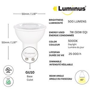 Luminus 50W Equivalent Daylight 5000K Bi-Pin GU10 LED Dimmable Bulb - 36/Pack