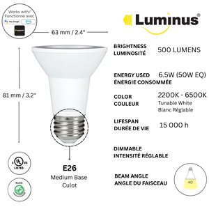 Luminus 50W Equivalent White 2200K to 6500K E26 PAR20 Smart Wifi, Dimmable and Tunable LED Bulb - 4/Pack