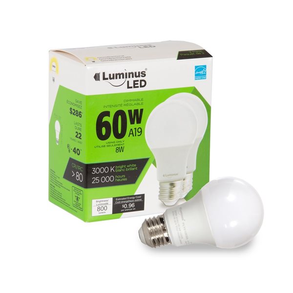 Luminus 60W Equivalent Bright White 3000K E26 A19 LED Dimmable Omni Bulb - 12/Pack