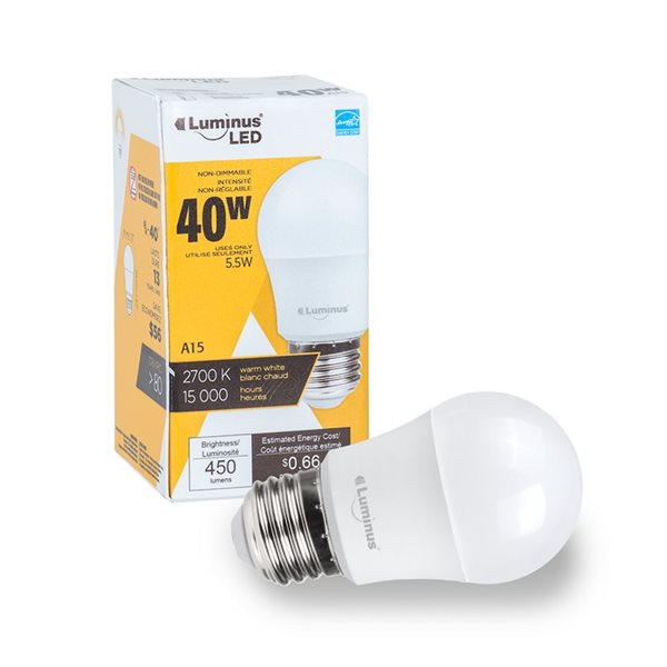 Luminus 40W Equivalent Warm White 2700K E26 A15 LED Non-Dimmable Bulb - 12/Pack