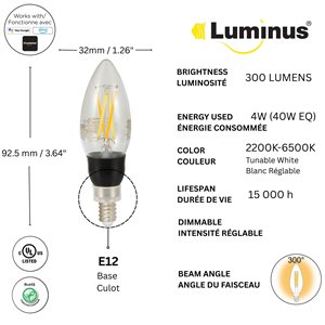 Luminus 40W Equivalent White 2200K to 6500K E12 B11 Smart Wifi, Dimmable and Tunable LED Bulb - 4/Pack