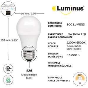 Luminus 60W Equivalent White 2200K to 6500K E26 A19 Smart Wifi, Dimmable and Tunable LED Bulb - 4/Pack